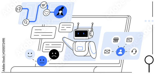 Robotic chatbot interacts with users through messages, icons, and emotive reactions. Ideal for AI, automation, customer service, technology, communication feedback innovation. Flat simple metaphor