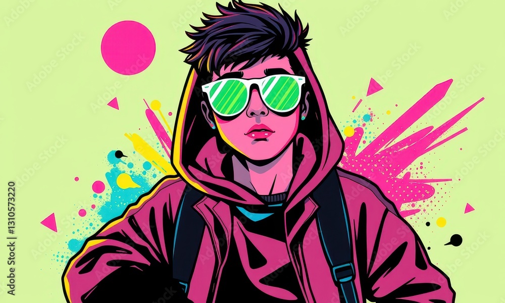 Stylish Illustration of a Trendy Individual in Vibrant Colors with Hoodie and Sunglasses Set Against an Explosive Neon Background of Geometric Shapes Stylish Illustration of a Trendy Individual in Vibrant Colors with Hoodie and Sunglasses Set Against an Explosive Neon Background of Geometric Shapes