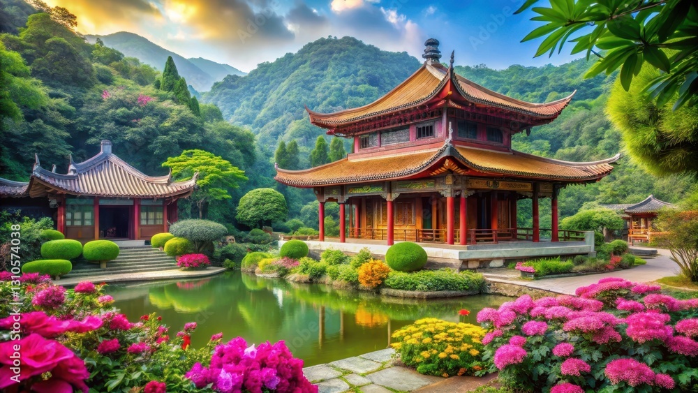 Serene Chinese temple amidst lush greenery and vibrant flowers, surrounded by tranquil atmosphere and natural scenery , chinese temple, tranquility Serene Chinese temple amidst lush greenery and vibrant flowers, surrounded by tranquil atmosphere and natural scenery , chinese temple, tranquility
