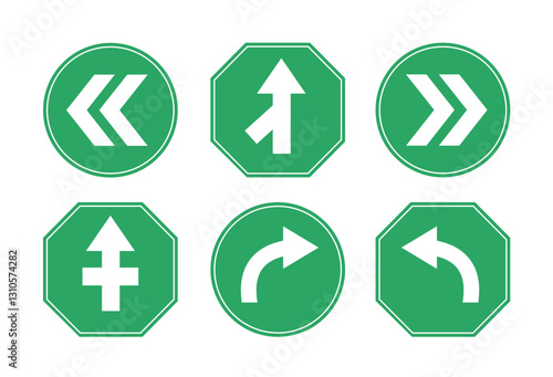 Road sign icons clipart set. Arrow traffic road signages clip art like right and left turn, merge and warning cross road for highway  and directions green board collections vector illustration.
