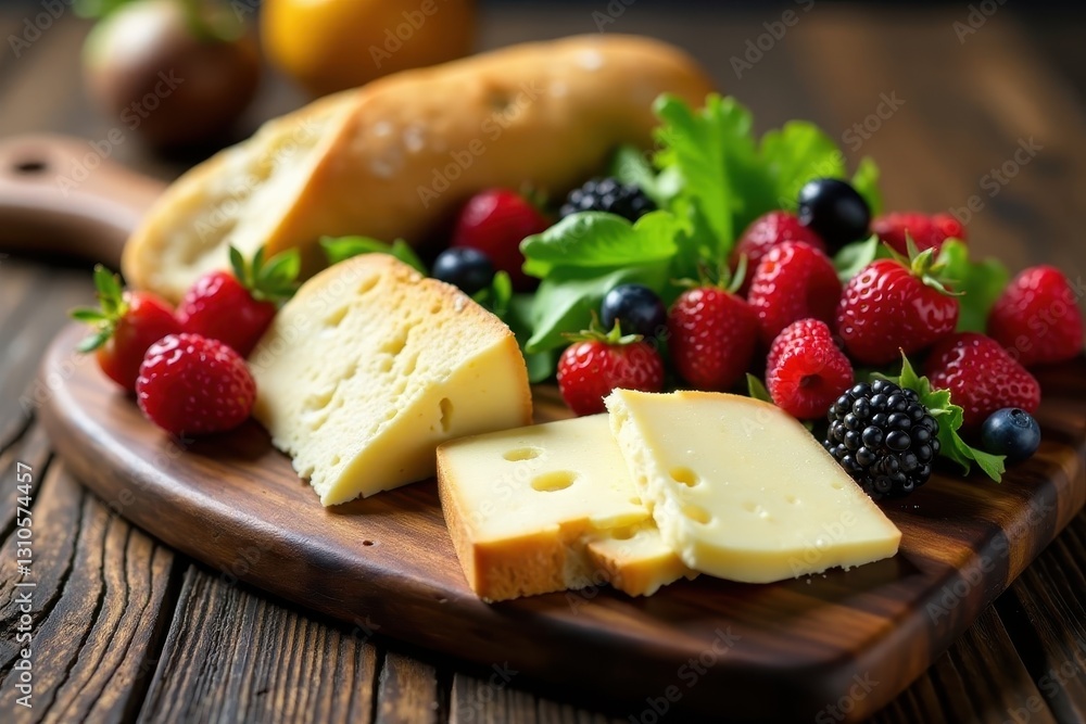 Artisan cheeses, sliced baguette, juicy berries & crisp salad on a wooden board , gourmet, fruit, simple Artisan cheeses, sliced baguette, juicy berries & crisp salad on a wooden board , gourmet, fruit, simple