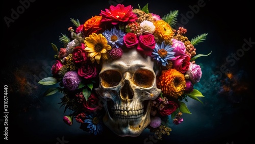 Wallpaper Mural Long Exposure Skull in Floral Wreath, Dark Background Stock Photo Torontodigital.ca
