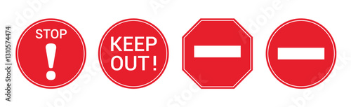 Stop warning sign icon clipart set. Red keep out symbol for risk, caution, forbidden, prohibited, trespassing and not allowed information clip art collection dangerous signal vector illustration.
