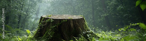 A serene view of a tree stump surrounded by lush greenery in a peaceful forest.