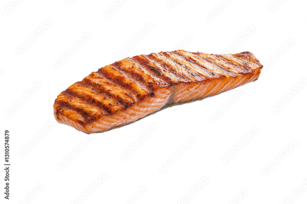 Piece of grilled salmon is shown on a white background, isolated Piece of grilled salmon is shown on a white background, isolated