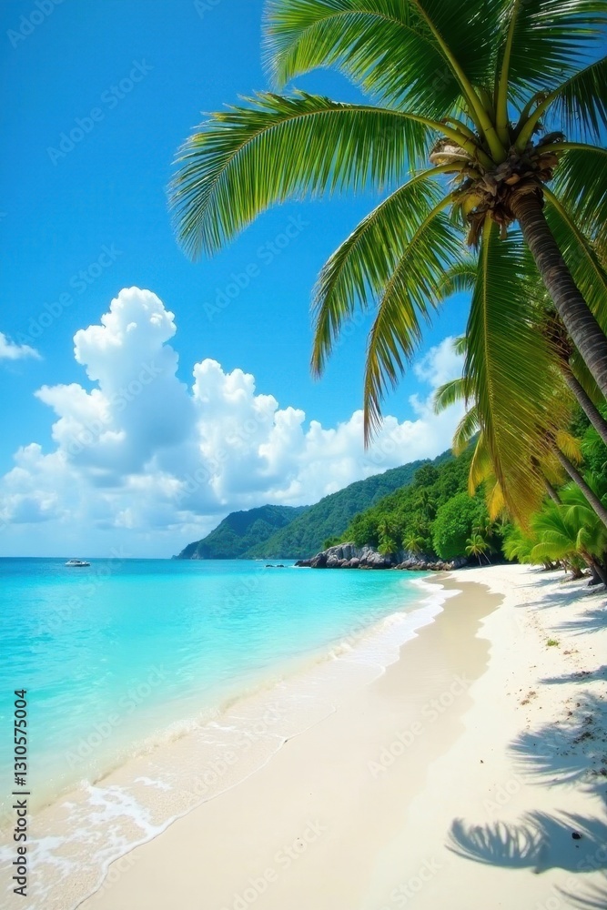 Azure water laps white sand beach, lush palms sway , paradise, peaceful, coast Azure water laps white sand beach, lush palms sway , paradise, peaceful, coast