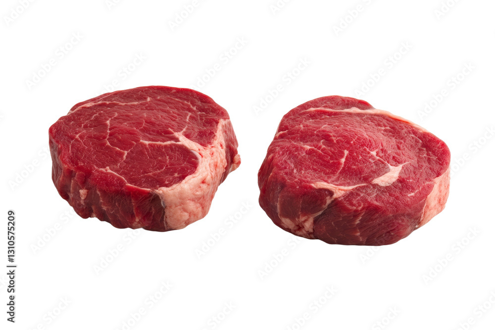 Two pieces of meat are shown, one of which is cut in half, isolated Two pieces of meat are shown, one of which is cut in half, isolated
