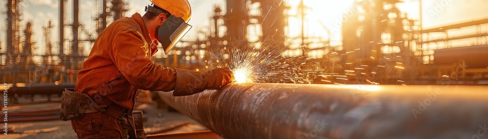 Fototapeta premium A skilled worker welding metal pipes in an industrial setting during sunset.