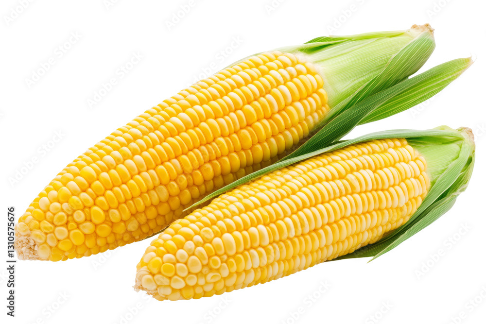 Two yellow corn cobs with green leaves, isolated Two yellow corn cobs with green leaves, isolated