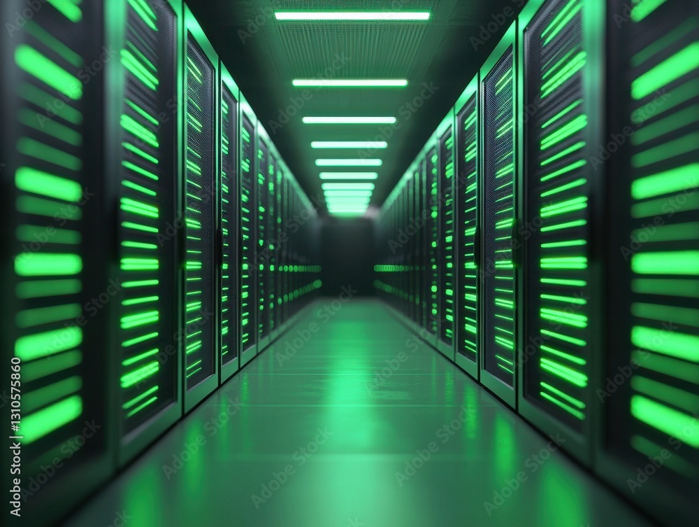 Fototapeta premium A sleek data center corridor illuminated by vibrant green lights.
