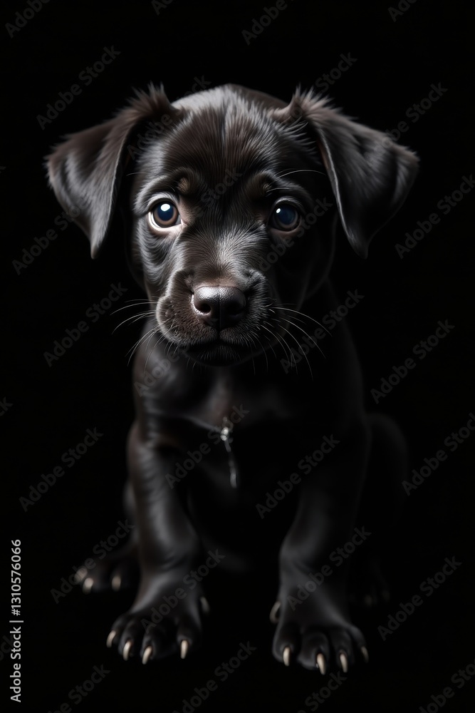 Adorable black puppy stares intently at camera, isolated on black , black background, loyal Adorable black puppy stares intently at camera, isolated on black , black background, loyal