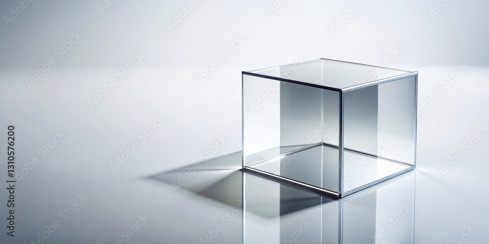 Fototapeta premium A transparent glass cube with a metallic reflective surface and sharp edges on a minimalist white background , modern architecture, cube shape