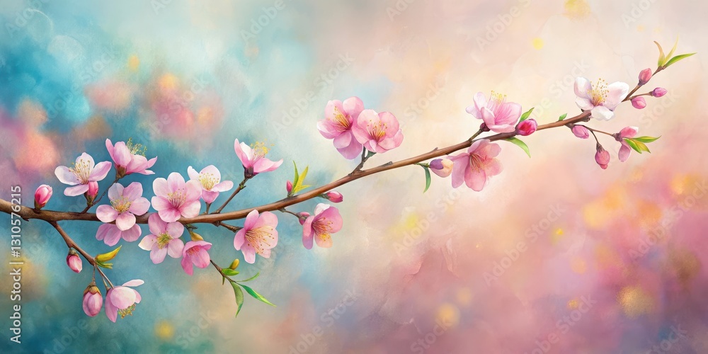 Detailed drawing of a single blooming cherry blossom branch against a soft pastel background with gentle brushstrokes and delicate lines, watercolor, nature Detailed drawing of a single blooming cherry blossom branch against a soft pastel background with gentle brushstrokes and delicate lines, watercolor, nature