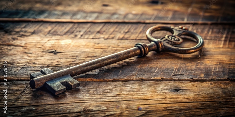 Old, mysterious, antique metal skeleton key lying on dusty, wooden workbench , mystery , metal, mystery , metal Old, mysterious, antique metal skeleton key lying on dusty, wooden workbench , mystery , metal, mystery , metal