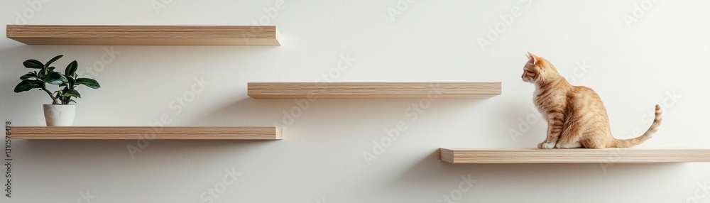 A stylish home decor featuring a cat on modern wooden shelves with a potted plant. A stylish home decor featuring a cat on modern wooden shelves with a potted plant.