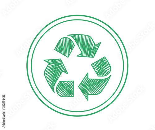 Recycle sign icon clipart. Recycling ecological symbol clip art in green circle signboard with hand drawn arrow cycle logotype graphic design vector illustration. 
