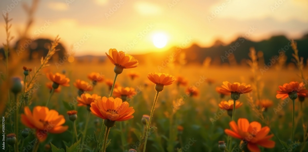 Golden sunset bathes swaying wildflowers, soft focus , landscape, photography, background Golden sunset bathes swaying wildflowers, soft focus , landscape, photography, background