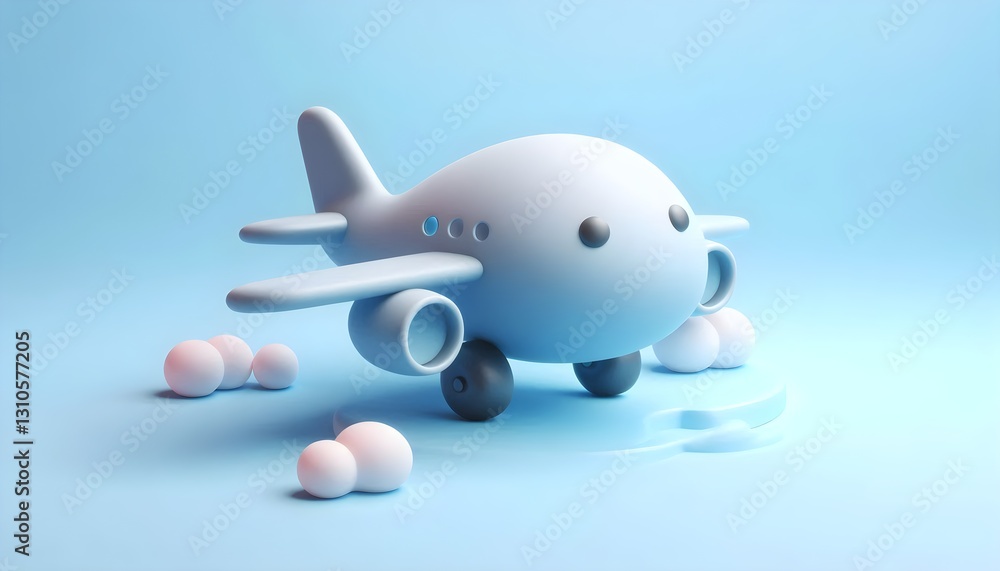 Fototapeta premium Friendly cartoon 3D airplane with minimal rounded design on soft pastel blue background