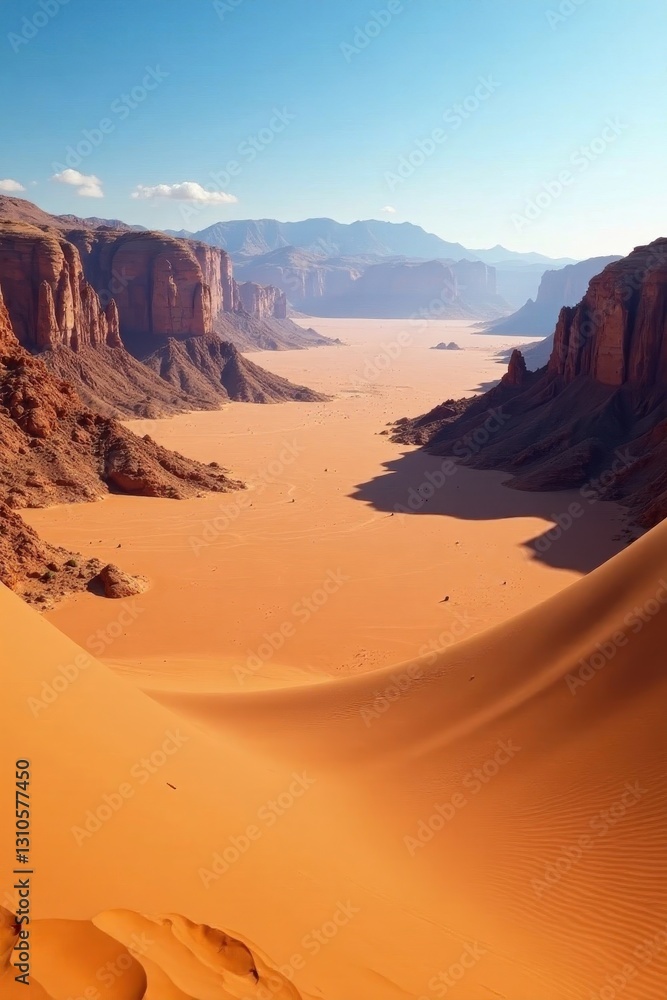 Fototapeta premium Vast Wadi Rum panorama, swirling sand obscures distant mountains, intense, sand dune