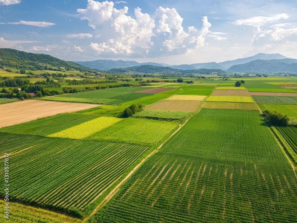 Fototapeta premium Aerial view of vibrant agricultural fields under a bright blue sky.