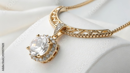 Gold Necklace with Large Cubic Zirconia Pendant photo