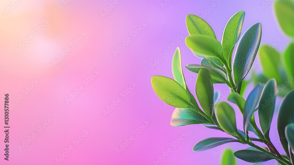 Closeup of Vibrant Green Leaves Against a Soft Pink and Purple Background Closeup of Vibrant Green Leaves Against a Soft Pink and Purple Background