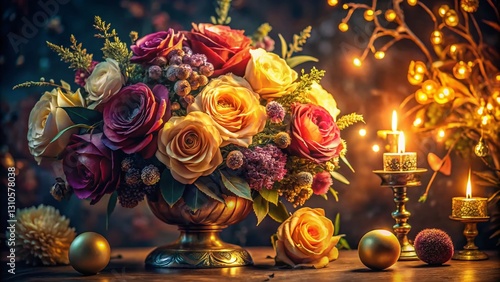 Low Light Colorful Flower Bouquet with Gold Accents - Stock Photo