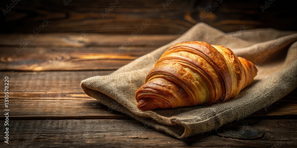 A traditional croissant pastry arranged on a rustic wooden table with a vintage linen cloth and dim soft lighting , vintage linen, croissants arrangement A traditional croissant pastry arranged on a rustic wooden table with a vintage linen cloth and dim soft lighting , vintage linen, croissants arrangement