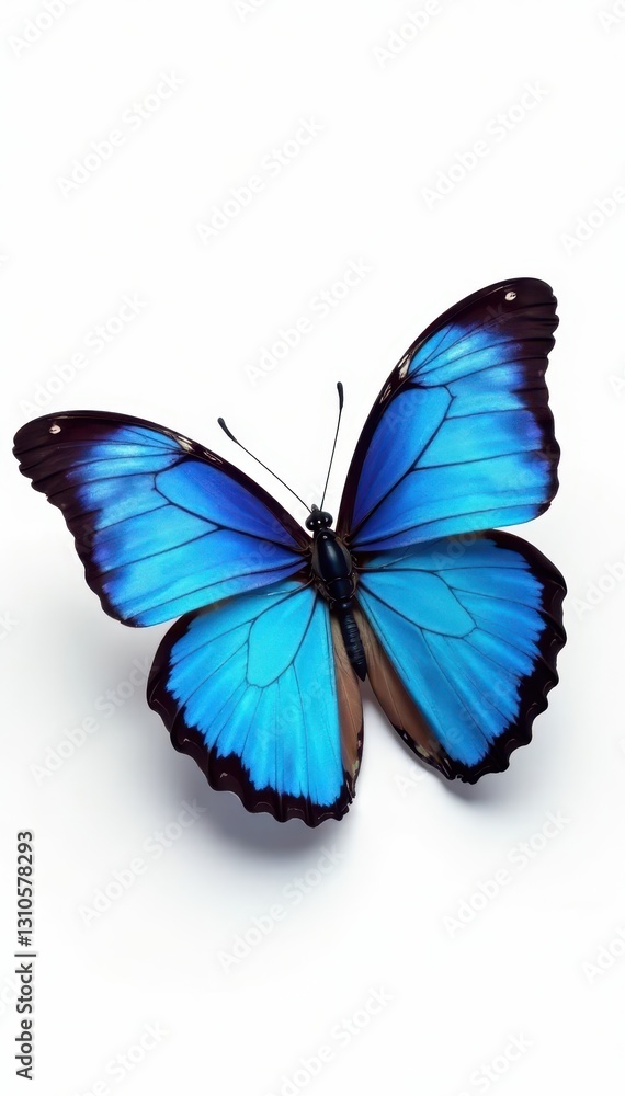 A single blue butterfly, iridescent wings against stark white backdrop , macro, isolated A single blue butterfly, iridescent wings against stark white backdrop , macro, isolated