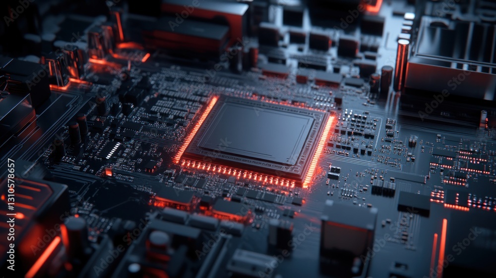 Fototapeta premium Close-up of a glowing circuit board with vibrant details