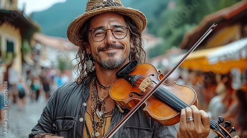 Man playing violin in European town street, joyful expression, possible background use photo