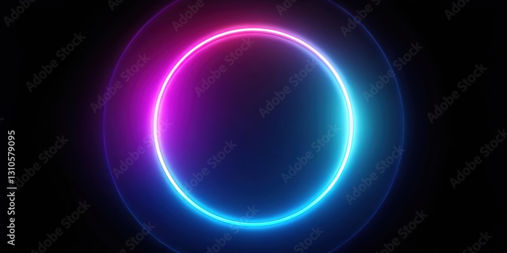 Obraz premium A glowing neon circle with a soft light effect on a black background, creating an ethereal and futuristic ambiance , dark space, neon circle