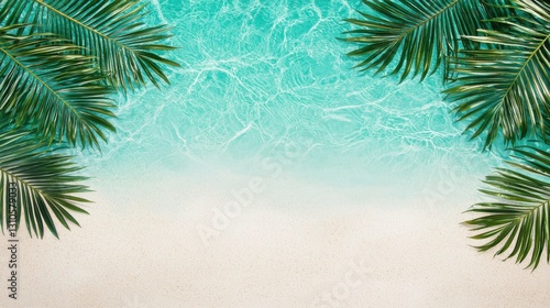 A beach scene with palm trees and blue water