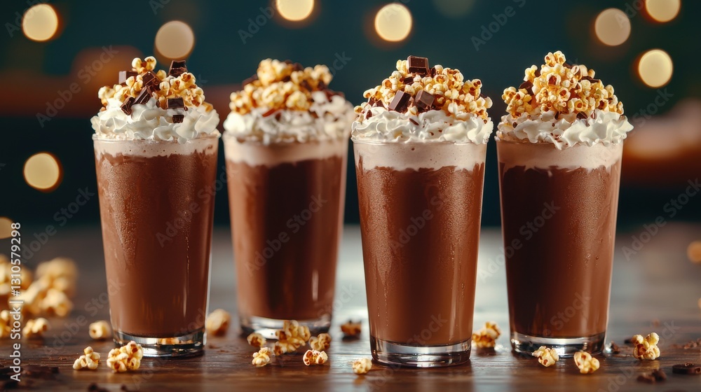 Delicious chocolate drinks topped with whipped cream and popcorn for a festive treat. Delicious chocolate drinks topped with whipped cream and popcorn for a festive treat.
