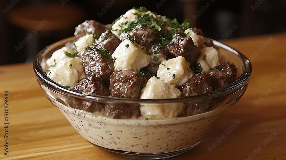 Delicious meatballs served with creamy mashed potatoes in a savory sauce. Delicious meatballs served with creamy mashed potatoes in a savory sauce.