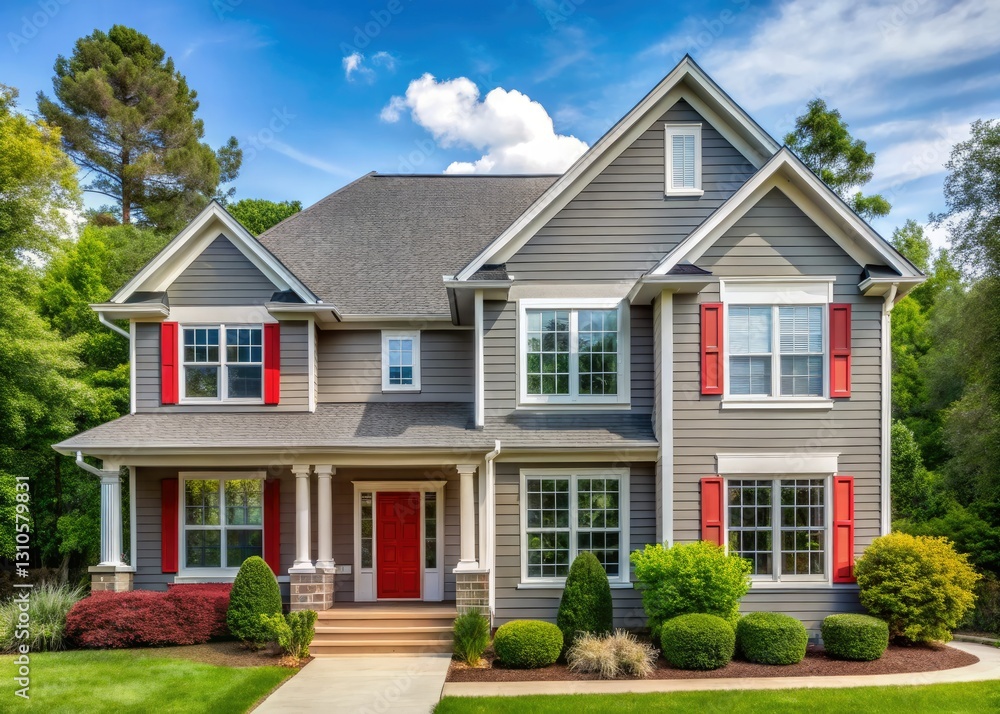 Minimalist Georgia house, two stories high, features grey trim and striking red windows. Minimalist Georgia house, two stories high, features grey trim and striking red windows.