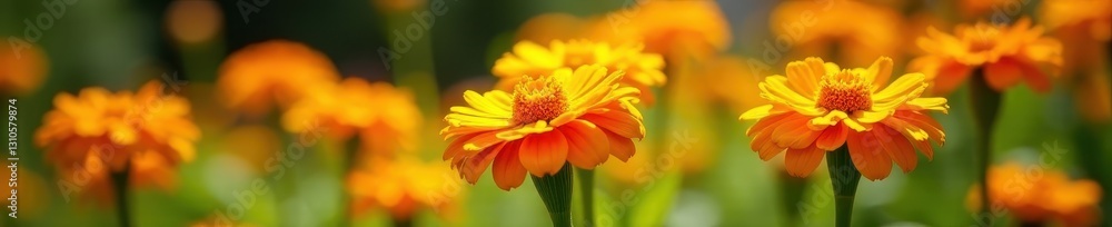 Vibrant orange calendula blossoms in sunny garden bed, floral, yellow Vibrant orange calendula blossoms in sunny garden bed, floral, yellow