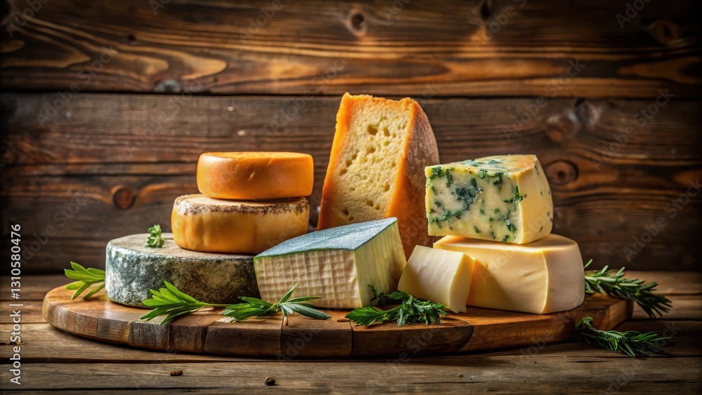 A selection of artisanal cheeses arranged on a rustic wooden board with a warm and inviting atmosphere, showcasing various textures and colors, artisanal cheese, board A selection of artisanal cheeses arranged on a rustic wooden board with a warm and inviting atmosphere, showcasing various textures and colors, artisanal cheese, board