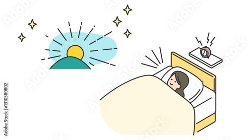 睡眠：朝、ベッドで目覚める女性