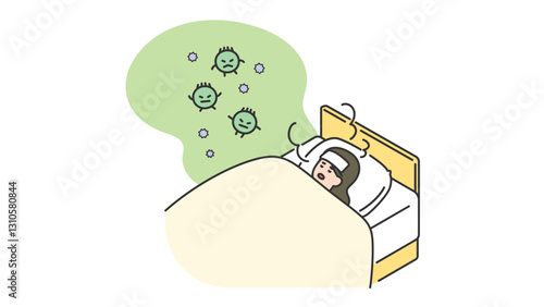 睡眠：病気で発熱して寝込む女性