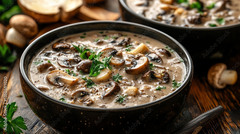Delicious mushroom soup served in rustic bowls for a comforting meal experience. Delicious mushroom soup served in rustic bowls for a comforting meal experience.