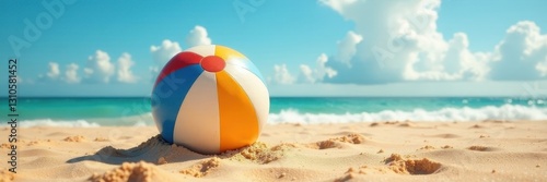 Beach ball tossed high, golden sand, bright sky , seashore, sand, laughter