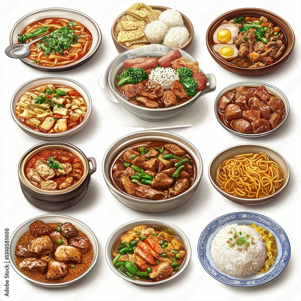 A variety of asian food displayed together for a family meal on a bright white background showcasing culinary diversity A variety of asian food displayed together for a family meal on a bright white background showcasing culinary diversity