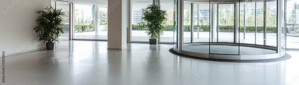 Fototapeta premium Modern entrance with glass revolving door and greenery creating a welcoming atmosphere.