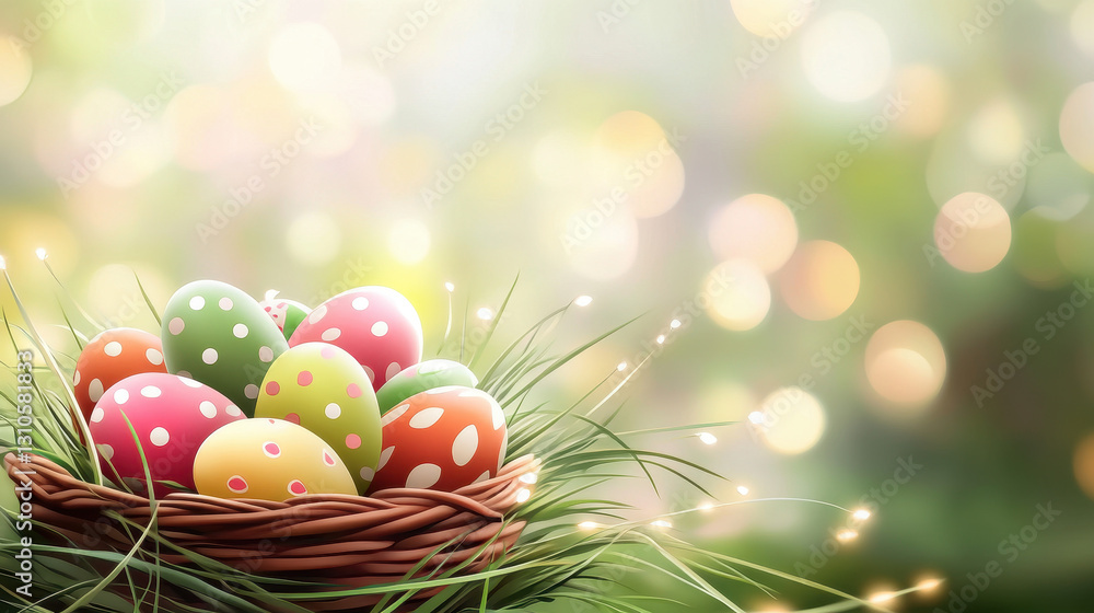 Colorful Easter eggs in a basket on a blurred background with bokeh lights of green and pink colors Colorful Easter eggs in a basket on a blurred background with bokeh lights of green and pink colors