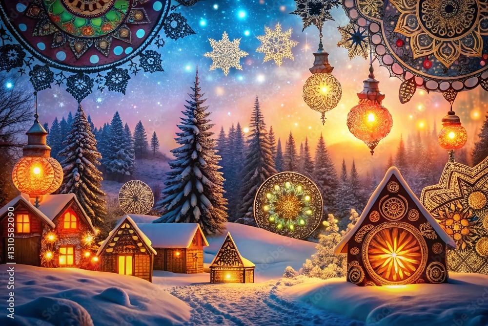 Fototapeta premium Low Light Snowy Winter Wonderland Doodle Art Background: Desi Style Design