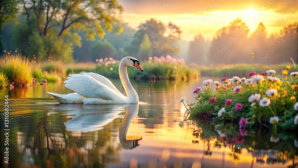 Fototapeta premium An elegant Art Swan floats on the surface of a serene pond at sunrise