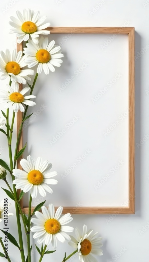 White background, empty frame, chamomile buds Spring, summer mockup , illustration, background, pretty White background, empty frame, chamomile buds Spring, summer mockup , illustration, background, pretty