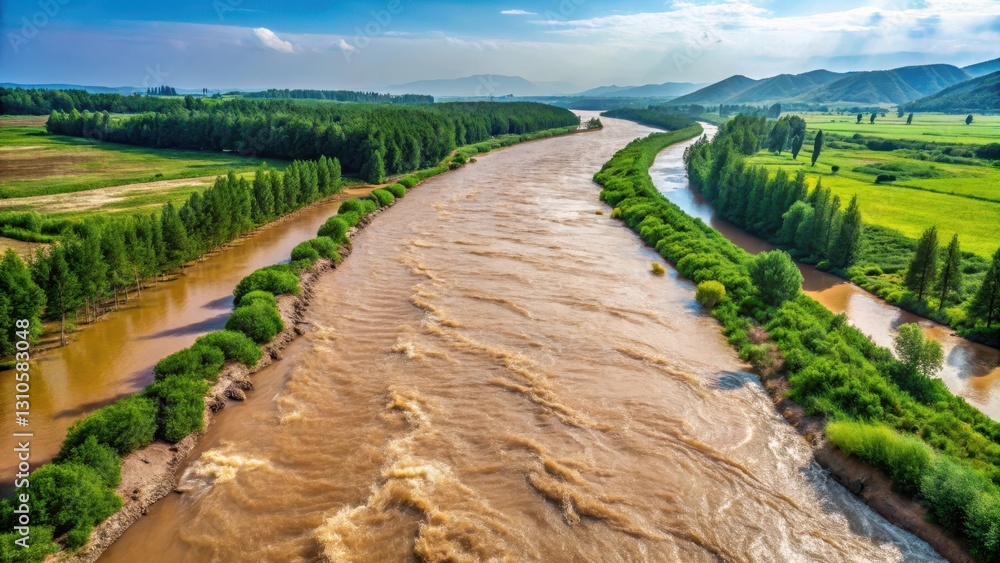 Naklejka premium Winding river channel in northeast China releasing floodwaters into a swollen stream during the summer month of July, outdoor photography, gentle waters