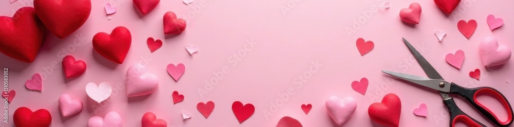 Scattered hearts, cards, and scissors; crafting Valentine's Day decor, table, DIY Scattered hearts, cards, and scissors; crafting Valentine's Day decor, table, DIY